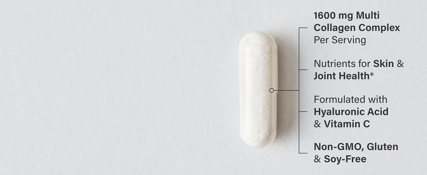 Communicates multiple key product benefits and specifications in a visually organized callout format to help shoppers quickly understand the collagen supplement's dosage, health benefits, key…