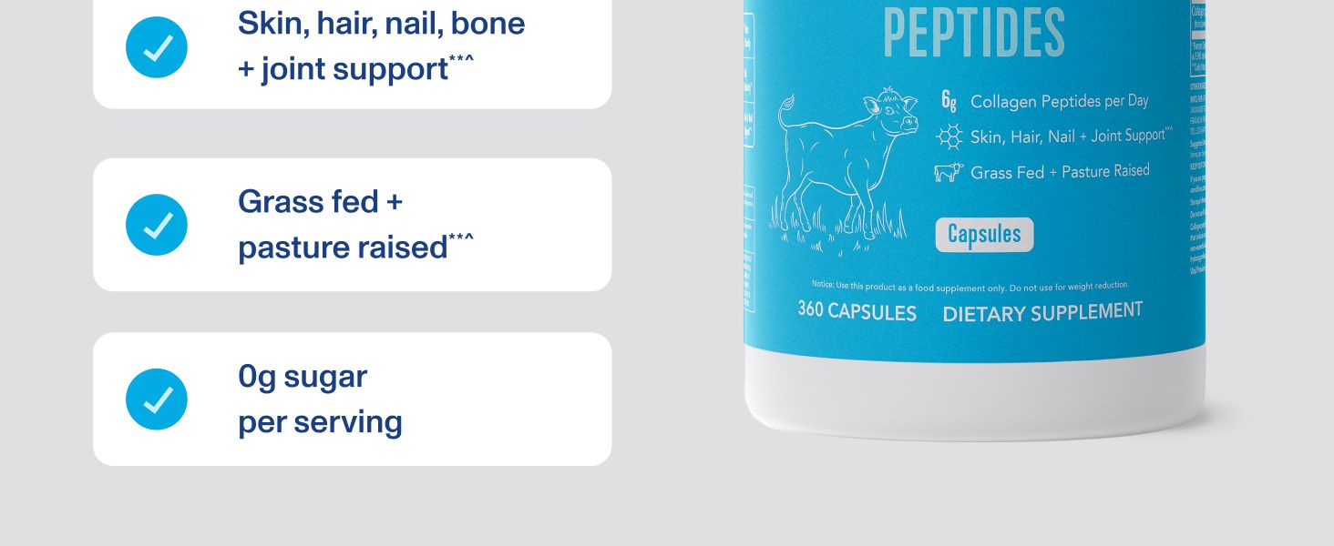 Highlights multiple key product benefits in a segmented layout to quickly communicate the supplements health support claims, sourcing quality, and dietary attributes.