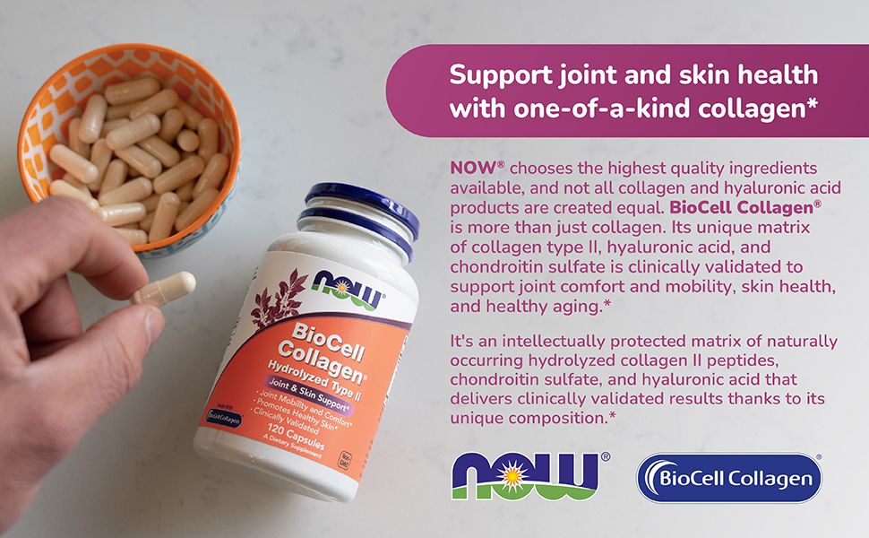 Communicates the primary benefit of supporting joint and skin health through a unique, clinically validated collagen formula to reassure shoppers of product quality and effectiveness.