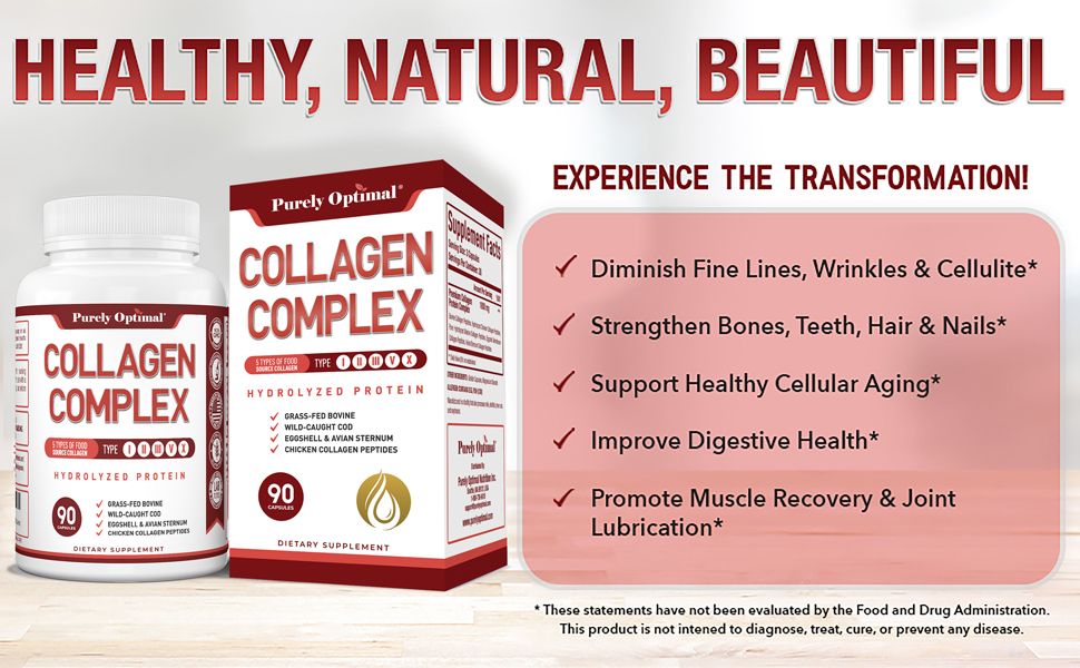 Showcases multiple health and beauty benefits of the collagen supplement in a visually organized checklist format to help shoppers understand the comprehensive value proposition.