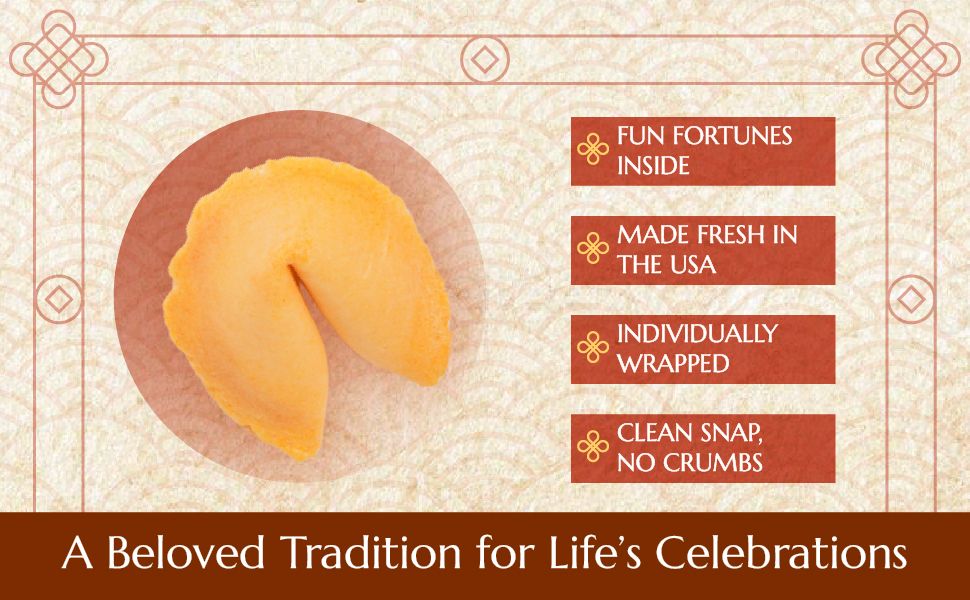 Highlights multiple distinct product benefits in a visually segmented layout to communicate key selling points including fun fortunes, USA manufacturing, individual wrapping, and clean eating…