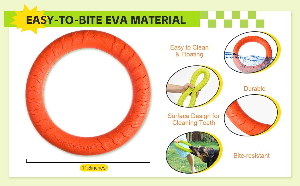 Highlights multiple benefits of the EVA material including easy to clean, floating, durable, teeth-cleaning surface design, and bite-resistant properties to help shoppers understand the…