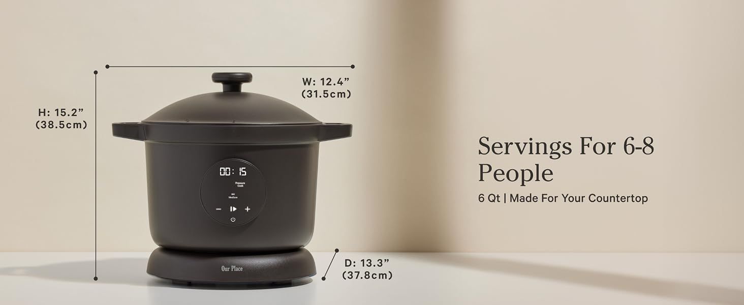 Provides exact physical measurements and capacity information to help shoppers understand the product size and serving capability for their countertop space.