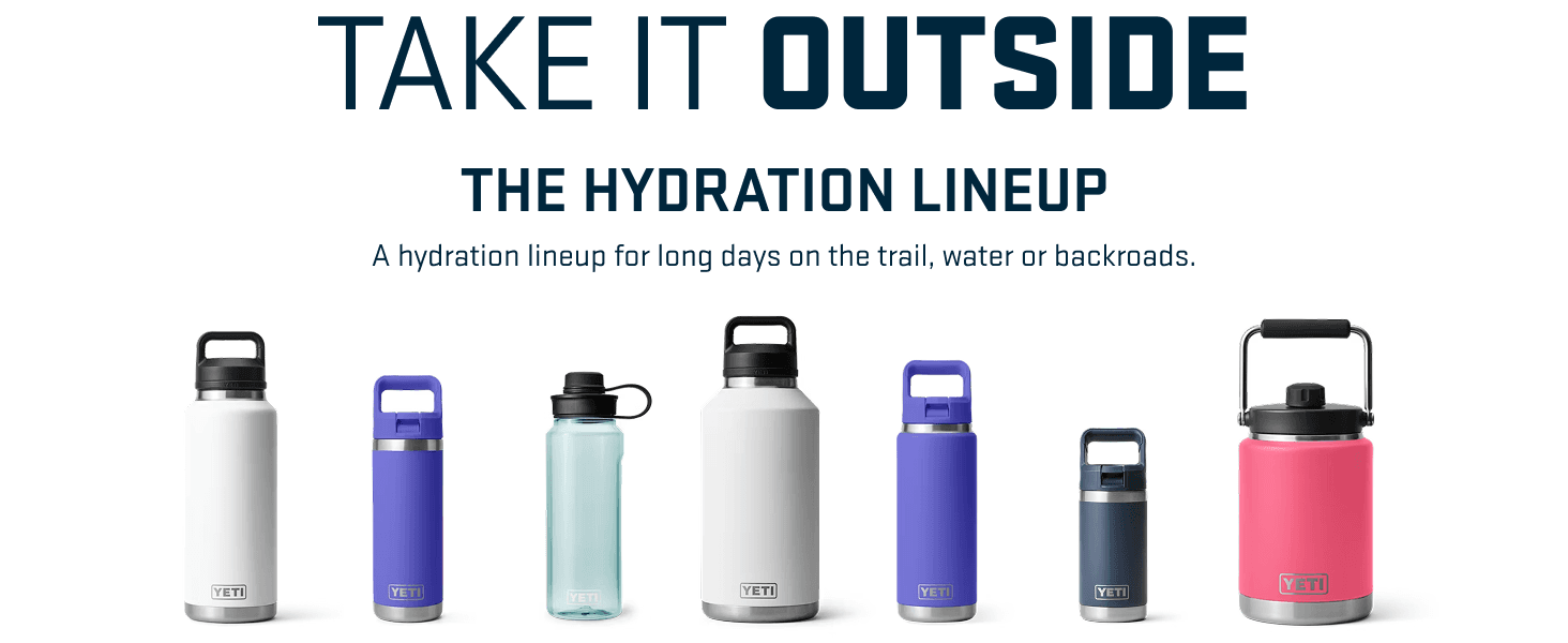 Showcases the brands hydration product lineup to help shoppers understand the variety of bottle options available for outdoor activities.
