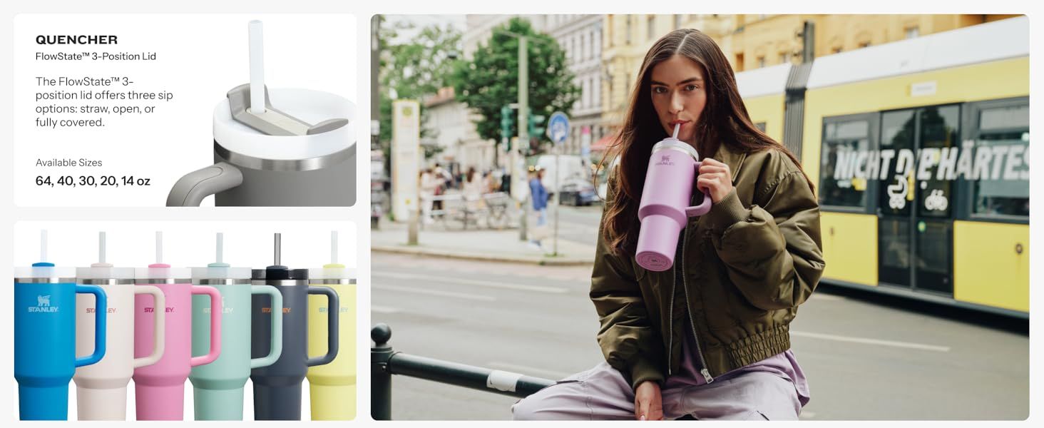 Showcases the product lineup with available sizes and color options to help shoppers select their preferred variant while demonstrating the product in a lifestyle context.