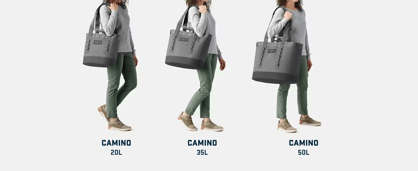 Displays the three available size options of the Camino tote bag to help shoppers choose the right capacity for their needs.