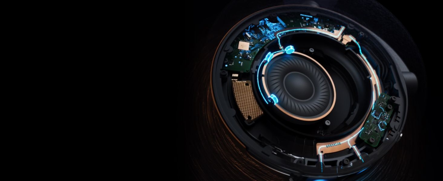Shows a closer cutaway of the speaker driver's internal components and signal path to build confidence in the engineering behind the audio.