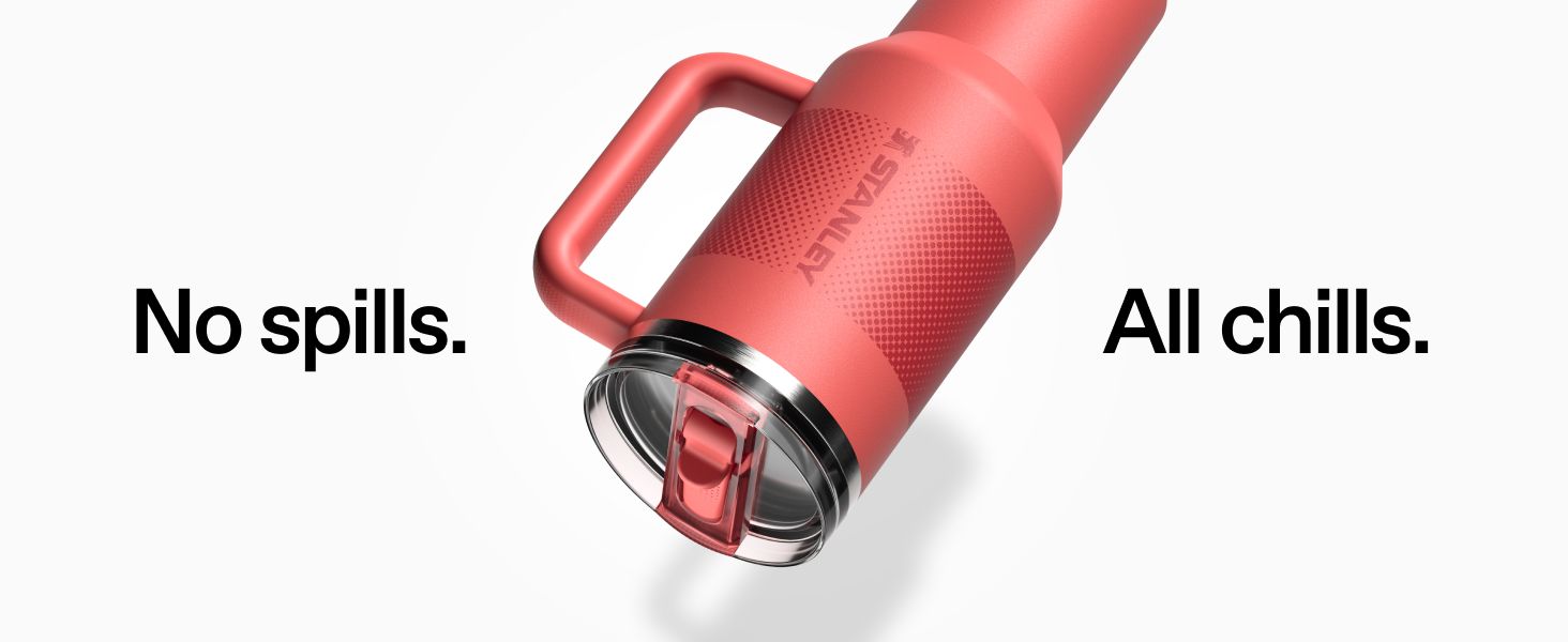 Highlights the tumbler's secure flip-straw lid design with a simple two-phrase claim that it won't spill and keeps drinks cold.