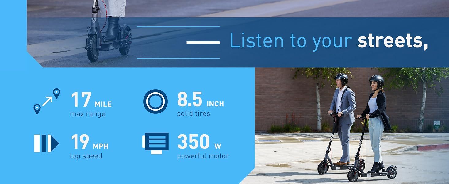 Showcases multiple key product specifications and benefits in a visually organized layout to help shoppers quickly understand the scooter's range, speed, tire quality, and motor power. Highlights…