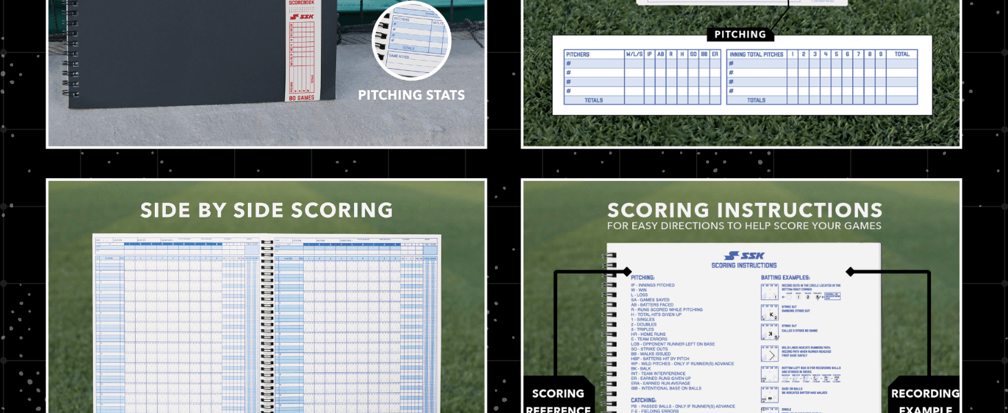 Shows the scorebook being used for multiple scoring tasks including pitching stats, side by side scoring, and instructions to help shoppers see how the product records game data. Zooms in on the…