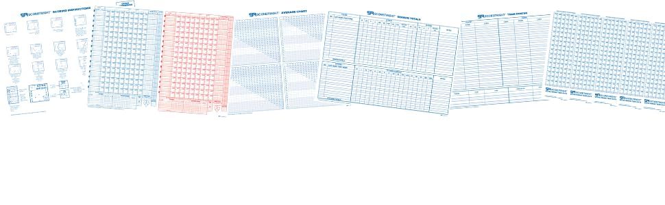 Shows a lineup of different printed record sheets and charts to convey the variety of forms available for organized tracking and documentation. Presents the brand's full portfolio of forms in one…
