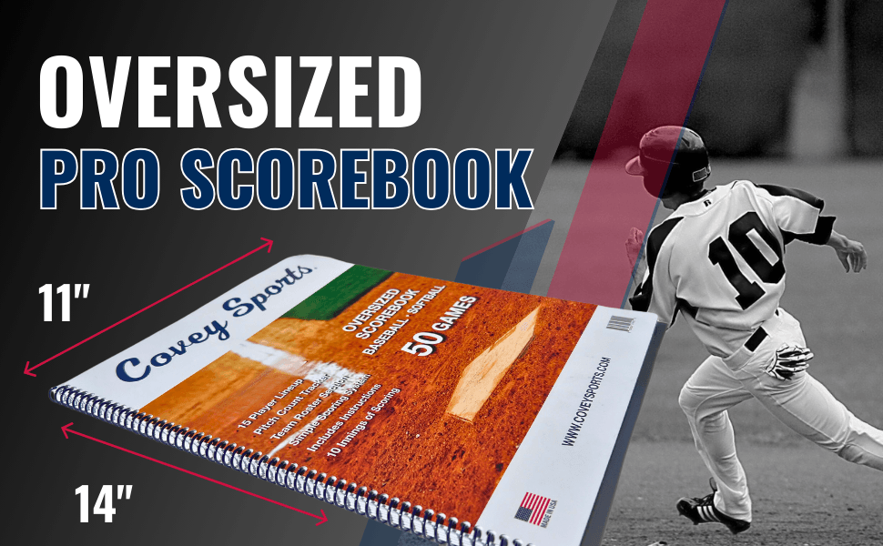 Shows the oversized physical dimensions of the scorebook with measurement arrows so shoppers know it is a large format book before buying. Pairs the product with a dynamic baseball player image to…