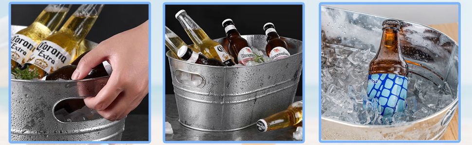 Shows the metal ice bucket filled with beer bottles and ice in real settings like parties and gatherings so shoppers can picture using it for entertaining.