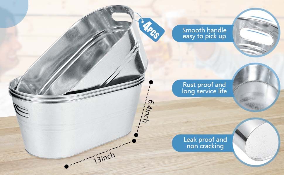 Segmented callouts highlight easy handling, rust resistance, and leak proof durability to reassure shoppers about quality and longevity of the galvanized tubs. Dimension arrows show the tub measures…