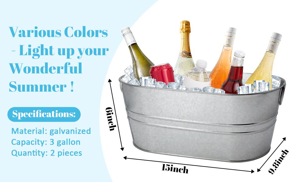 Shows the exact physical dimensions of the galvanized tub with arrows so shoppers can judge fit and space before buying. Specifications list material, capacity, and quantity to reassure buyers about…
