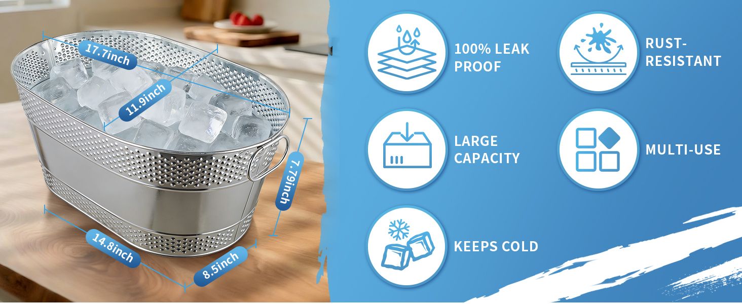 Shows exact physical dimensions of the oval ice bucket with arrows and measurement overlays so shoppers can confirm it fits their space. Presents five icon-based selling points in a segmented grid…