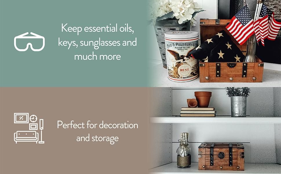 Shows two stacked benefit panels highlighting that the trunk stores everyday items like oils keys and sunglasses and doubles as decor for shelves and display spaces.