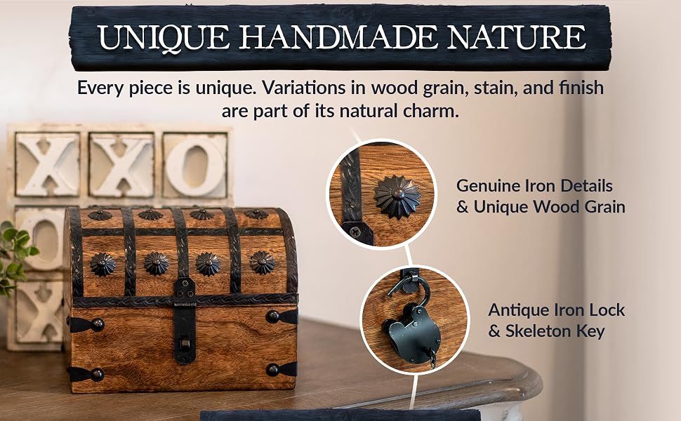 Zoomed circles point to the iron studs, wood grain, and antique lock with skeleton key to show the handcrafted materials and details of the chest. Explains that each piece is handmade and unique…