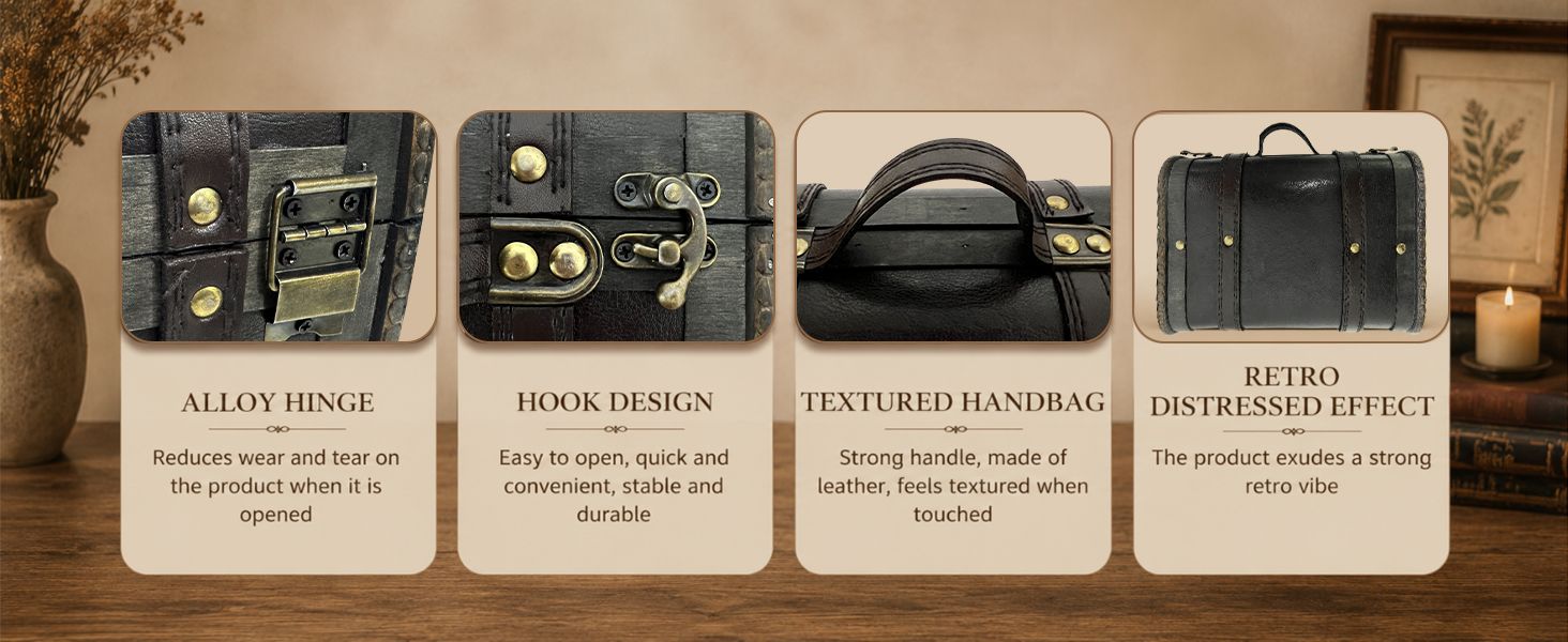 Four segmented panels highlight durable hardware, easy opening, strong leather handle, and retro styling to show shoppers the key quality benefits at a glance. Close-up views of the hinge, latch,…