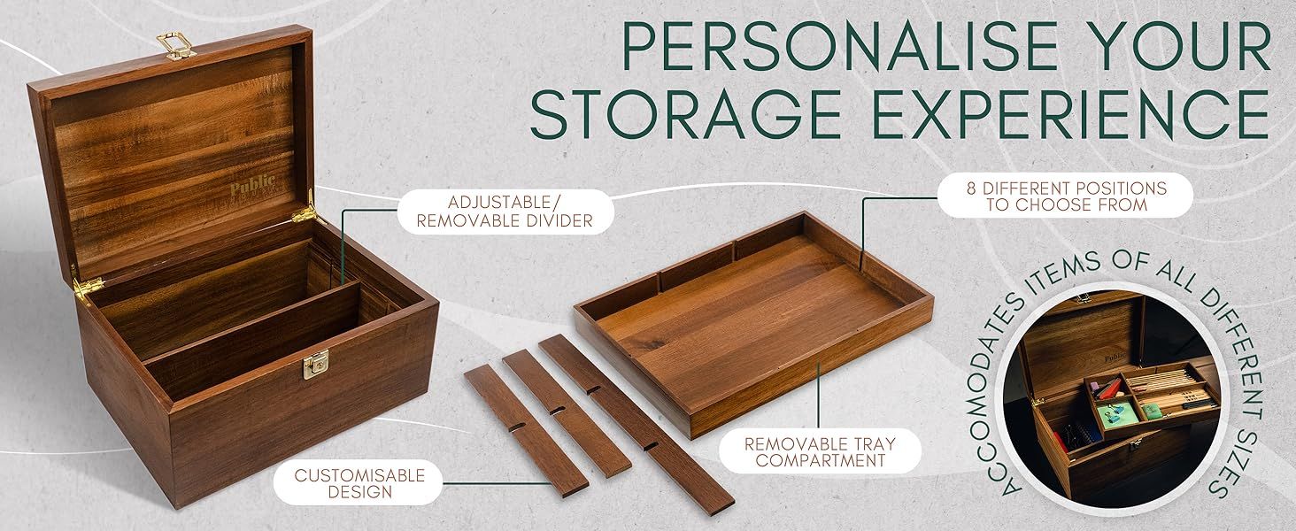 Shows several storage customization features in segmented callouts so shoppers understand how the wooden box can be adapted to fit their items. Headline frames the wooden box as a personalised…