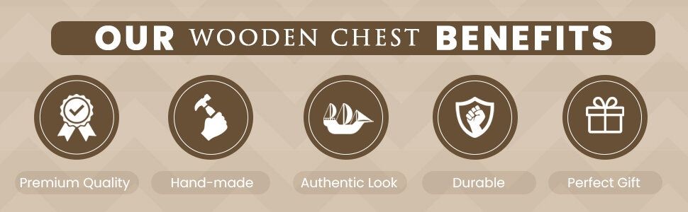 Shows five distinct wooden chest benefits in a segmented icon row so shoppers can quickly see why this chest is a quality, durable, authentic and giftable choice. Positions the wooden chest as a…
