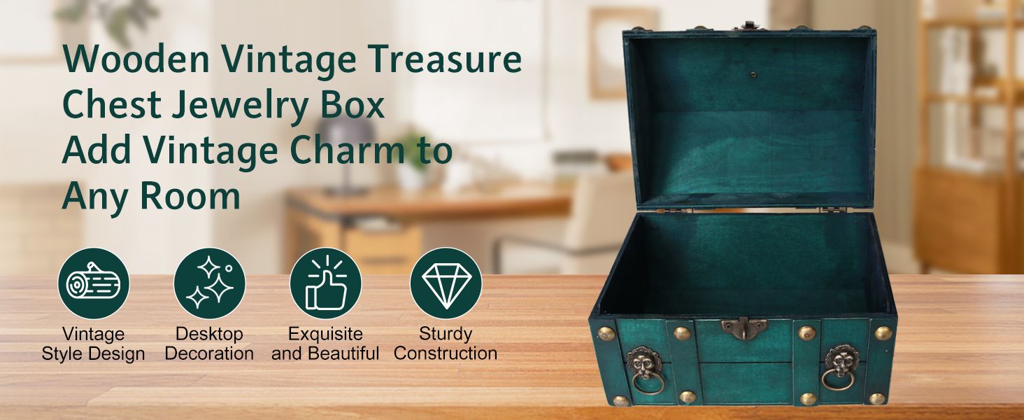 Highlights four distinct benefits of the vintage wooden treasure chest, including its style, decorative use, beauty, and durability, through icon-based panels. Reassures shoppers that the box is…
