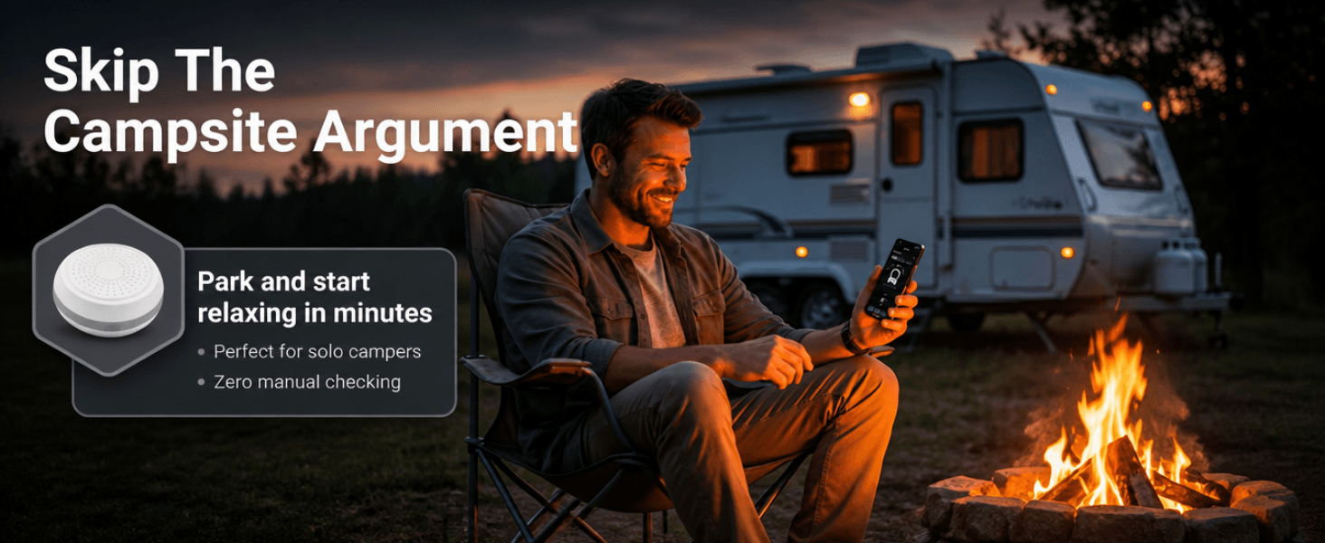 Shows a relaxed solo camper by a campfire beside an RV to help shoppers picture the product fitting into a easy camping lifestyle. Communicates that the device works quickly and needs no manual…