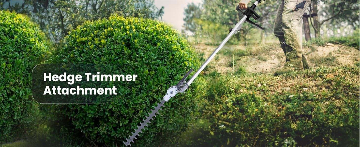 Shows the hedge trimmer attachment shaping a bush to communicate that this accessory handles hedge trimming.