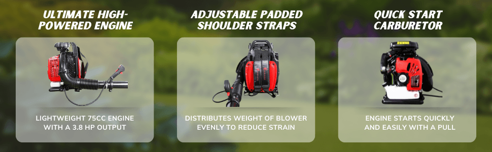 Presents three distinct product benefits in segmented panels: a powerful 75cc engine with 3.8 HP output, padded shoulder straps that reduce strain, and a carburetor that starts easily with a pull.…