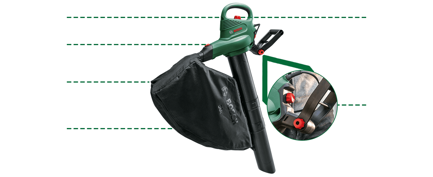 Breaks down the leaf blower vacuum by pointing to its physical parts, including the zoomed quick-release clamp and the collection bag, so shoppers understand how the machine is built and assembled.…