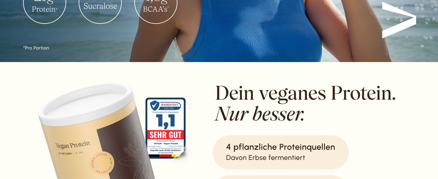 Highlights key vegan protein benefits such as multiple plant protein sources and fermented pea, with a Warentest rating to build shopper trust in quality. Shows a Stiftung Warentest style consumer…