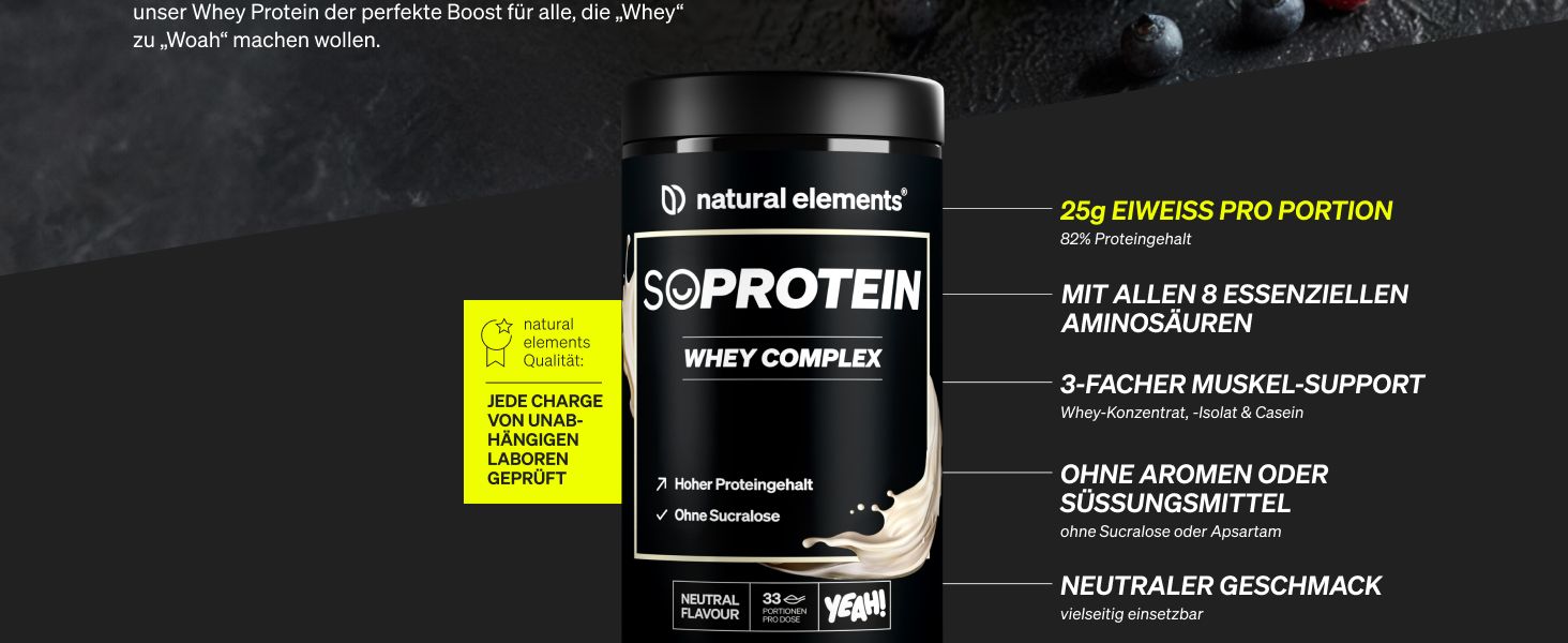 Shows several key selling points of the SoProtein Whey Complex with callout lines so shoppers can quickly see protein content, amino acid profile, muscle support, clean formulation and neutral…