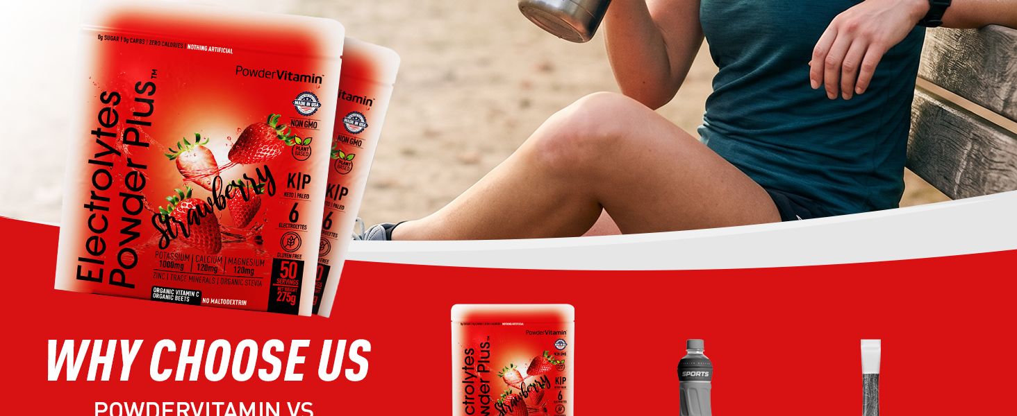 Introduces a Why Choose Us comparison showing the Electrolytes Powder Plus packet and related product visuals to frame PowderVitamin as the better choice. Signals a head-to-head comparison against…