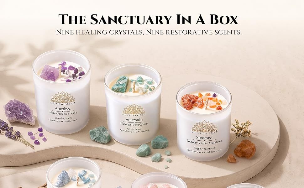 Presents the full lineup of nine crystal candles from the brand so shoppers see the range of options and feel invited to explore the collection. The sanctuary headline reinforces a calm,…