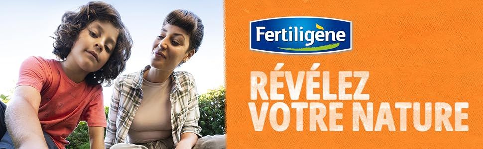 Reinforces the Fertiligene brand identity with the tagline Revelez Votre Nature, pairing a logo with an emotional lifestyle image of a mother and child outdoors to build trust and connection with…