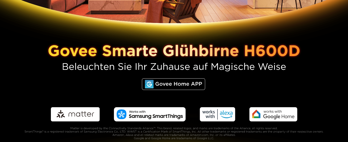 Reinforces the Govee brand and shows the bulb works with major smart home ecosystems so shoppers feel confident it will connect to their existing setup. Displays recognized smart home certification…