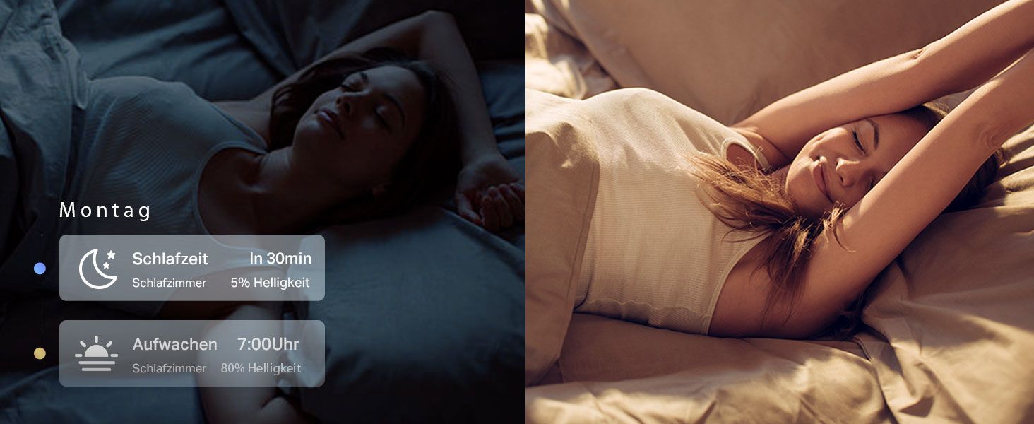Shows the lamp easing the user into sleep with dimming and waking gently with brightening light to improve sleep routine. Illustrates how to set a sleep timer and wake schedule in the app so…