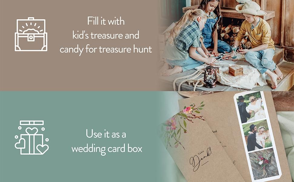 Demonstrates two distinct use scenarios for the product—as a treasure hunt container for kids and as a wedding card box—to communicate versatility and multi-purpose functionality.