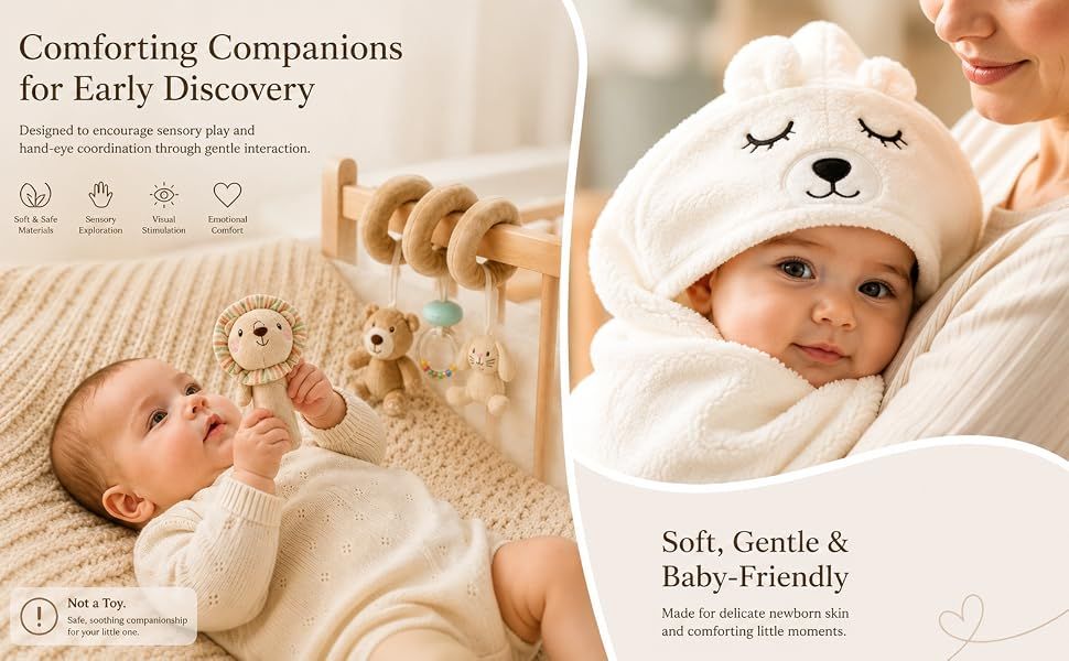 Showcases multiple product benefits including soft materials, sensory exploration, visual stimulation, and emotional comfort in a visually segmented layout to help parents understand key…