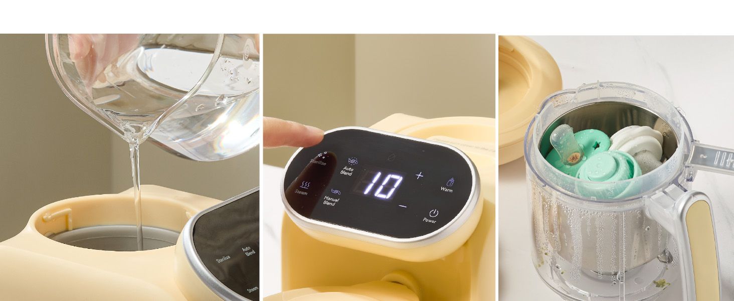 Shows the product can be used for multiple purposes including warming bottles, sterilizing pacifiers, and heating water, demonstrating versatility to shoppers.