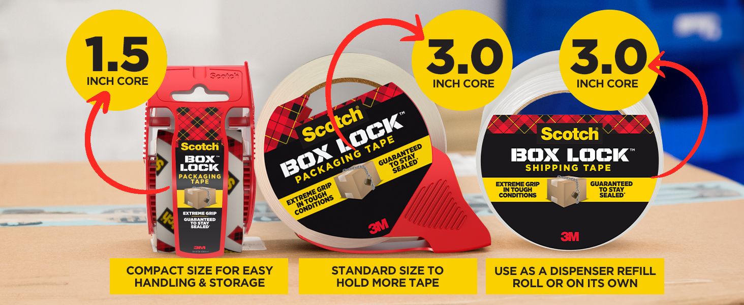 Displays the different size options available within the Scotch Box Lock product line to help shoppers choose the right tape size for their needs. Highlights three distinct benefits across the…