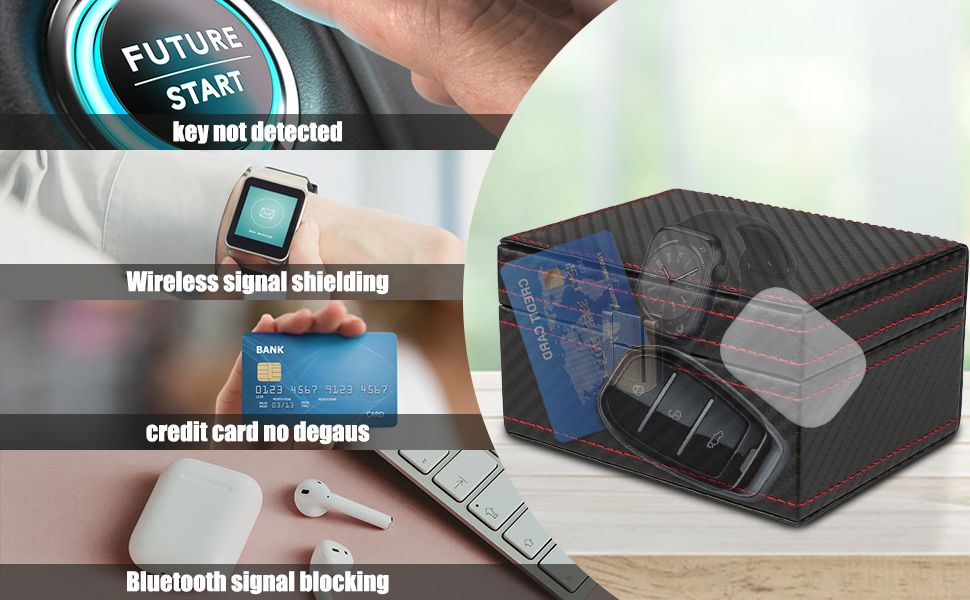 Demonstrates multiple security benefits of the product by showing how it blocks various wireless signals including car key fobs, smartwatches, credit cards, and Bluetooth devices to prevent theft…