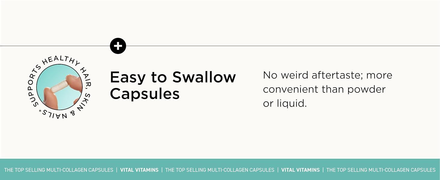 Communicates the convenience and ease of taking the product in capsule form, reassuring shoppers that there is no unpleasant aftertaste compared to powder or liquid alternatives.
