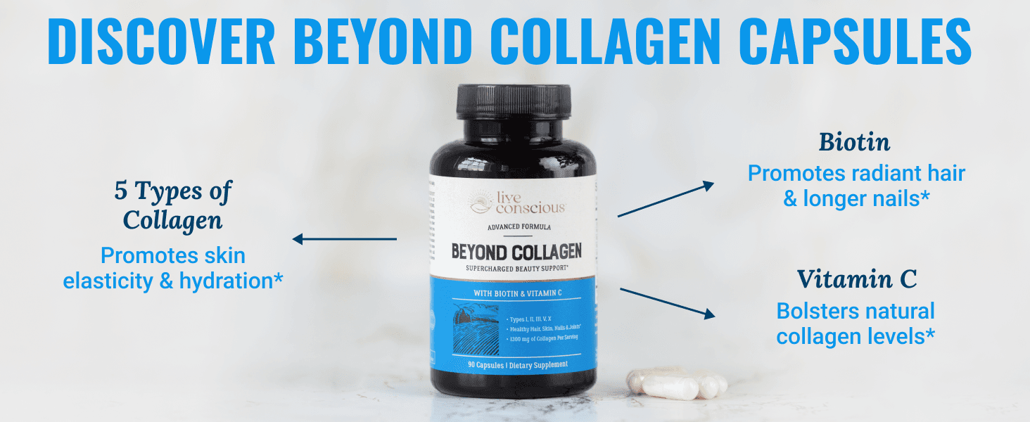 Highlights multiple distinct product benefits including collagen types, biotin for hair and nails, and vitamin C for collagen support to help shoppers understand the comprehensive value proposition.