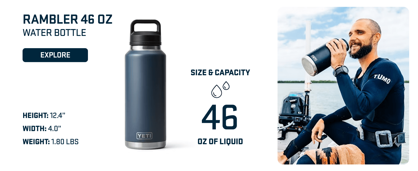 Communicates the exact physical size and liquid capacity of the 46 oz water bottle to help shoppers understand the product dimensions and volume. Highlights the bottle size as a key benefit for…