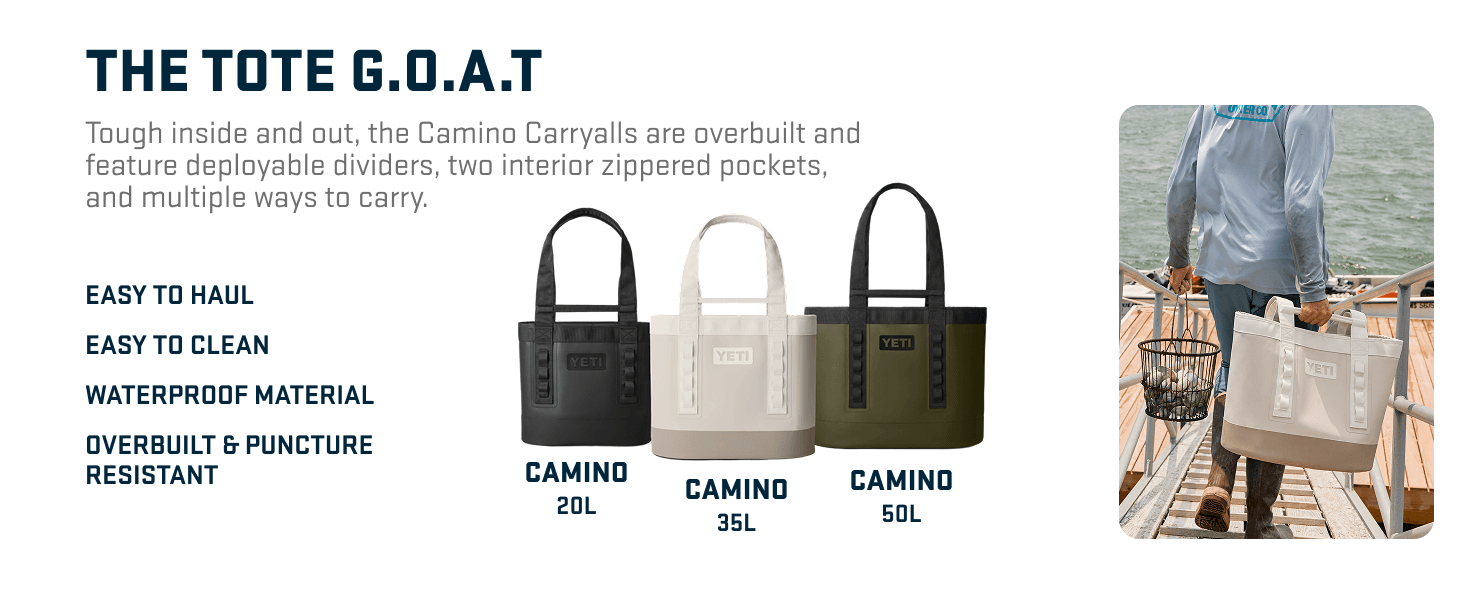 Highlights multiple key benefits of the Camino Carryalls including durability, ease of cleaning, waterproof material, and puncture resistance, while also showcasing the three size options available.…