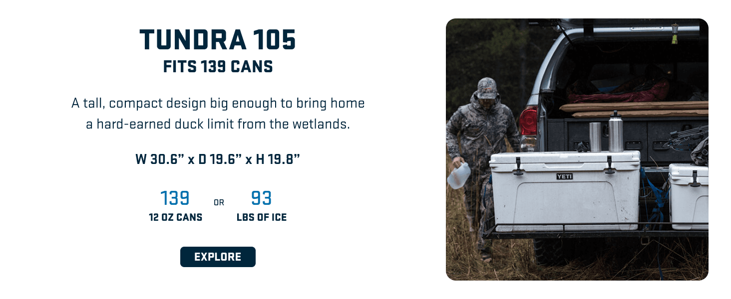 Highlights the Tundra 105 cooler's capacity (139 cans) and physical dimensions while showing it in a real-world hunting scenario to help shoppers understand its size and use case. Emphasizes the…