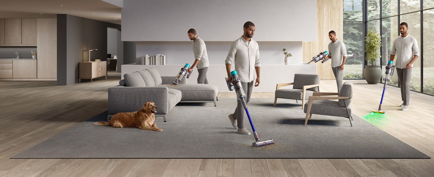 Showcases the vacuum being used in multiple cleaning scenarios throughout a home environment, demonstrating its versatility and multi-purpose capabilities.