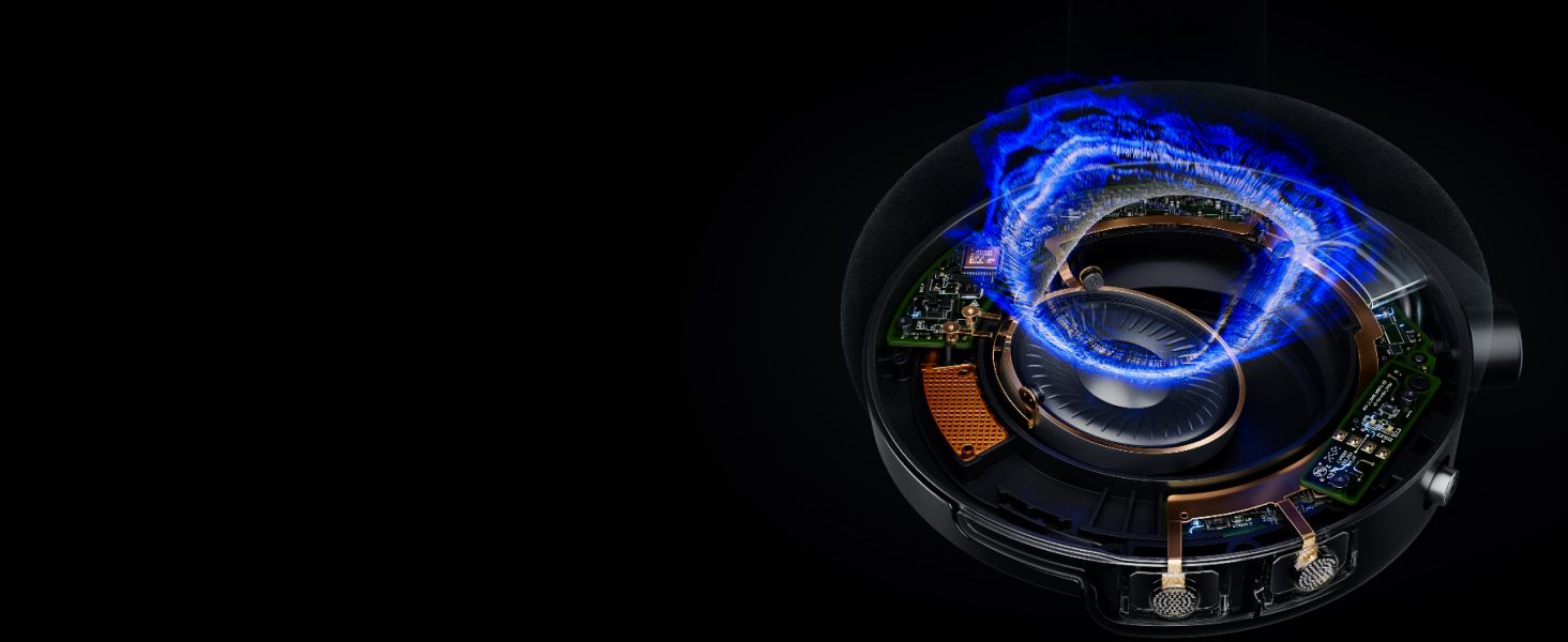 Reveals the internal driver assembly (coil, magnet, circuit boards) in a cutaway render with glowing audio-flux visualization to convey engineered sound quality.