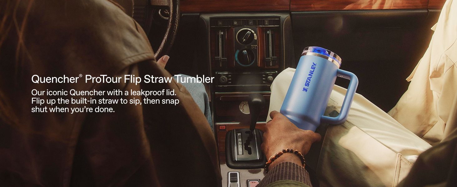 Shows the tumbler in a real-world car scene with a headline and caption explaining the leakproof flip-straw lid, reassuring shoppers the product is spill-safe on the go.